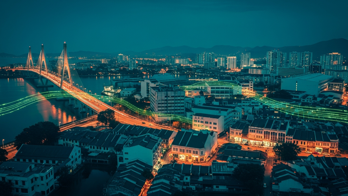 Penang bridge at dusk with semiconductor fab lights and AI compute data streams