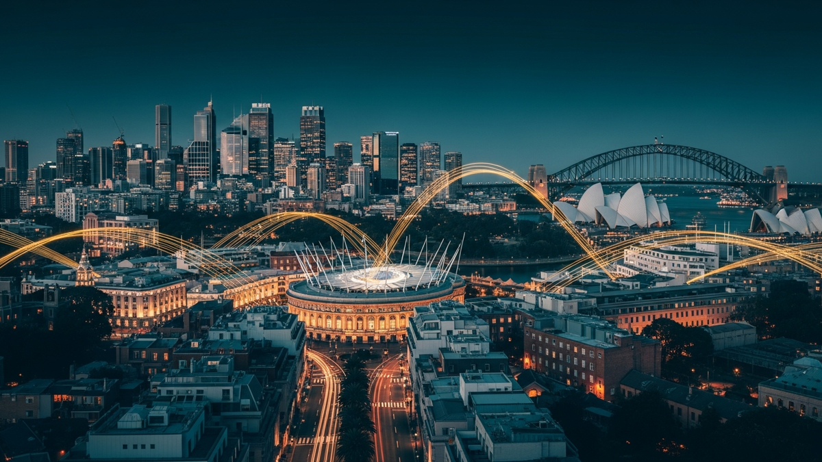 Sydney financial district at dusk with regulatory data streams overlaying banking towers