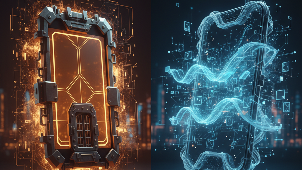 Two contrasting smartphone ecosystems representing sovereign and open AI agent architectures