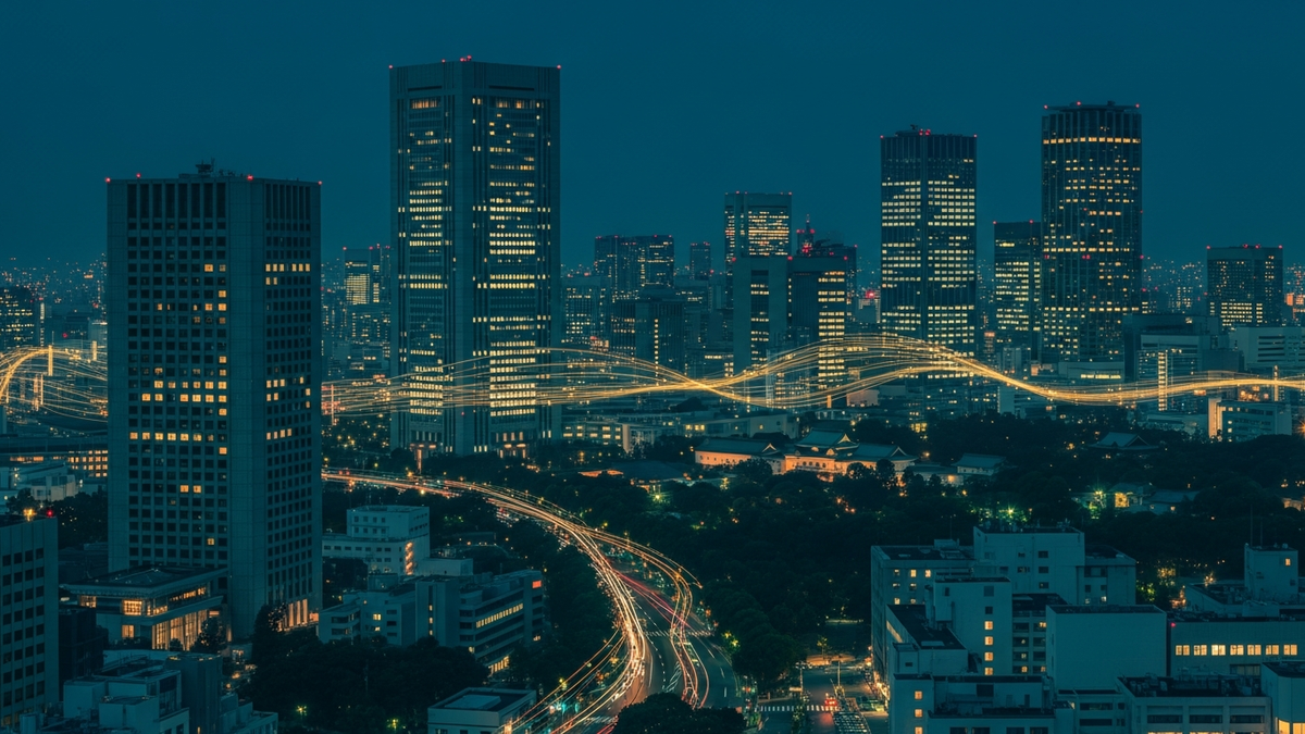 Tokyo financial district at dusk with data particles signalling enterprise AI deployment