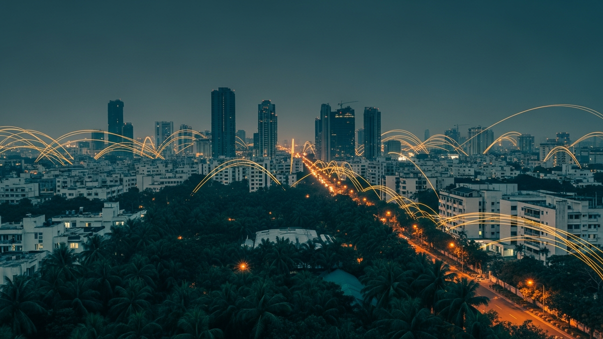 Bengaluru skyline with AI compute and venture funding streams flowing through the city