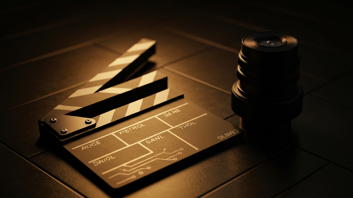 Clapperboard and lens representing AI-assisted filmmaking
