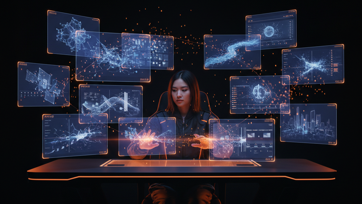 Asian video creator surrounded by holographic AI video editing screens