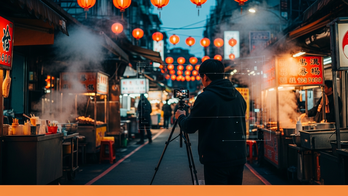 Taipei night market creator filming a vlog with soft AI data overlays