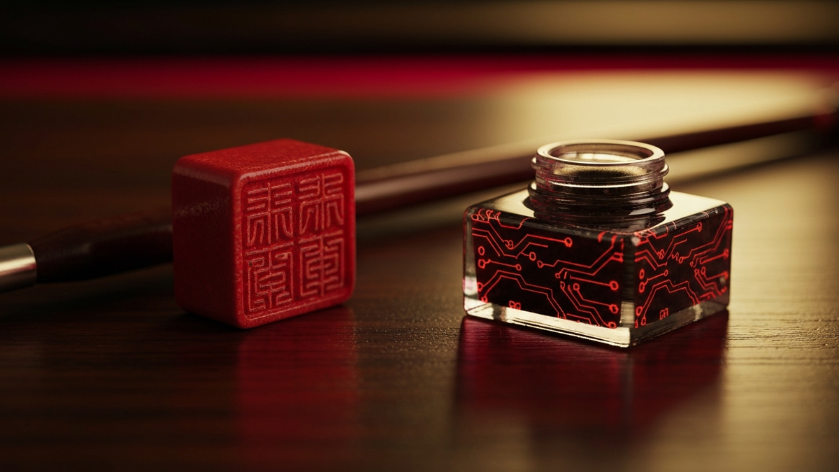 Chinese seal and ink brush representing Chinese AI authority