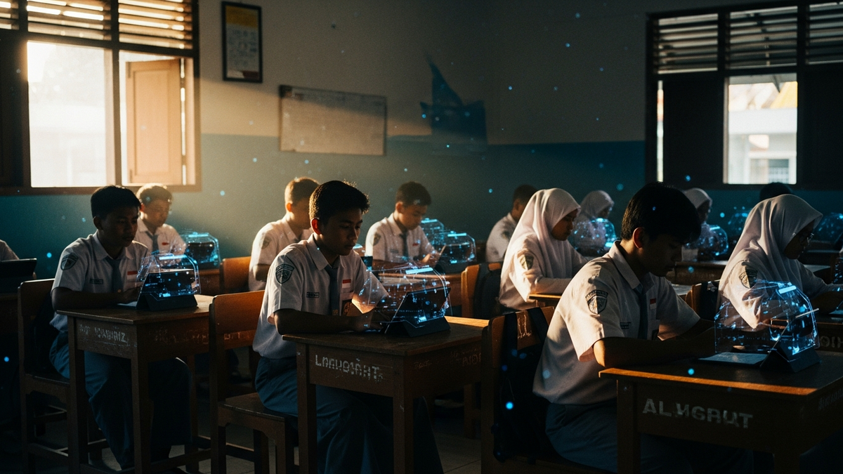 Indonesian classroom with students using tablets and Bahasa-language AI overlays on the whiteboard