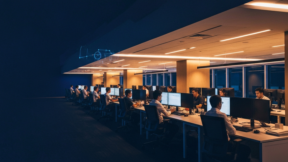 Modern Philippine BPO floor with agent workstations and AI co-pilot data overlays