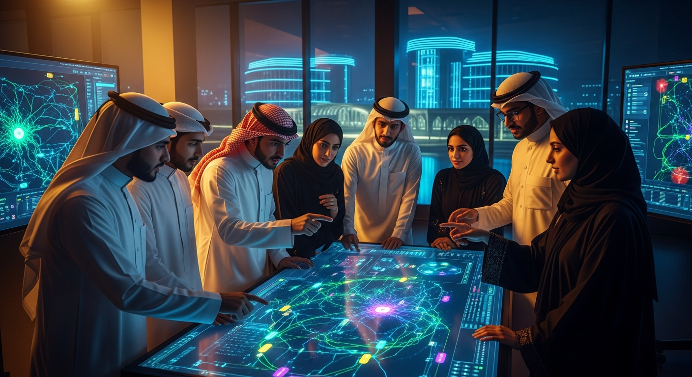 Saudi university students collaborating on AI projects in a modern tech lab with neural network visualisations on screens