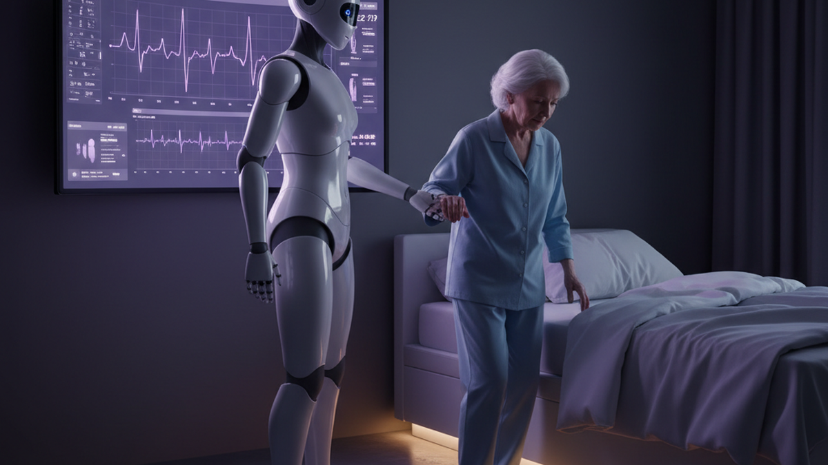 Humanoid care robot assisting elderly patient in a modern Japanese care facility