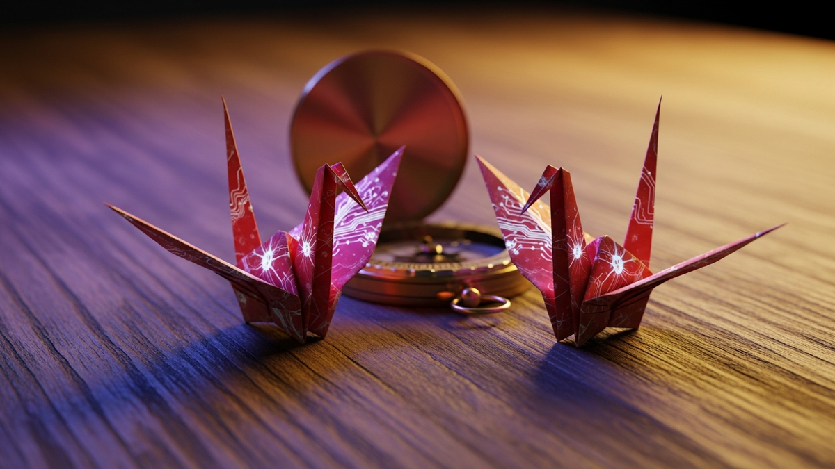 Paper cranes and compass symbolising matchmaking and guidance