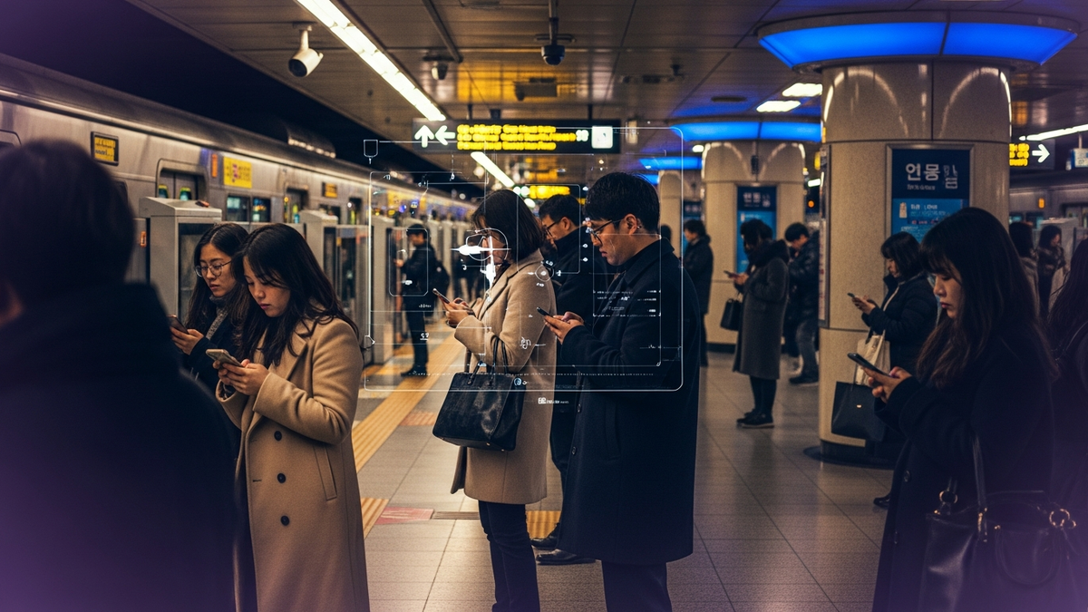 Seoul subway riders using their phones with data overlays suggesting AI-assisted daily tasks
