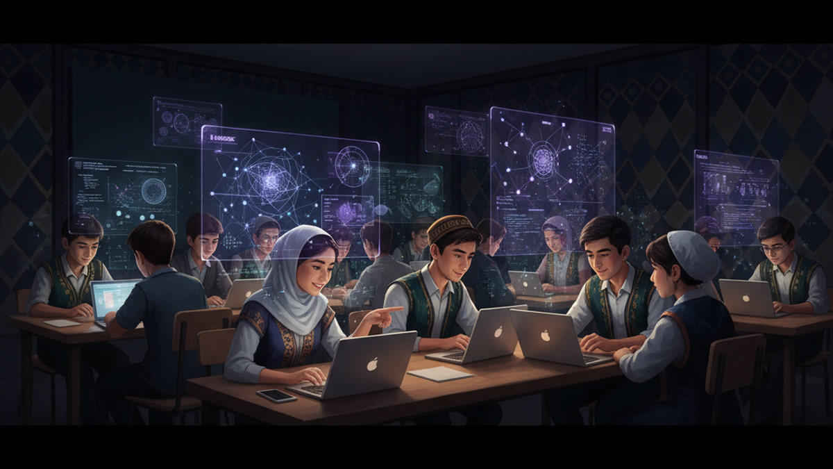 A cinematic illustration of a Central Asian cityscape at dusk with digital infrastructure elements and flowing data streams overlaid on traditional architecture