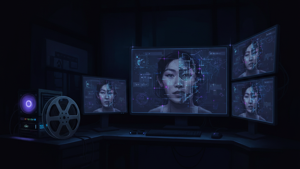 A cinematic illustration depicting the blurred boundary between human performance and AI-generated digital presence in Asian cinema