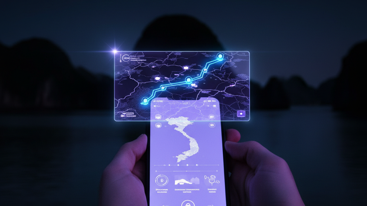 Traveller using AI travel planning app with Ha Long Bay in the background