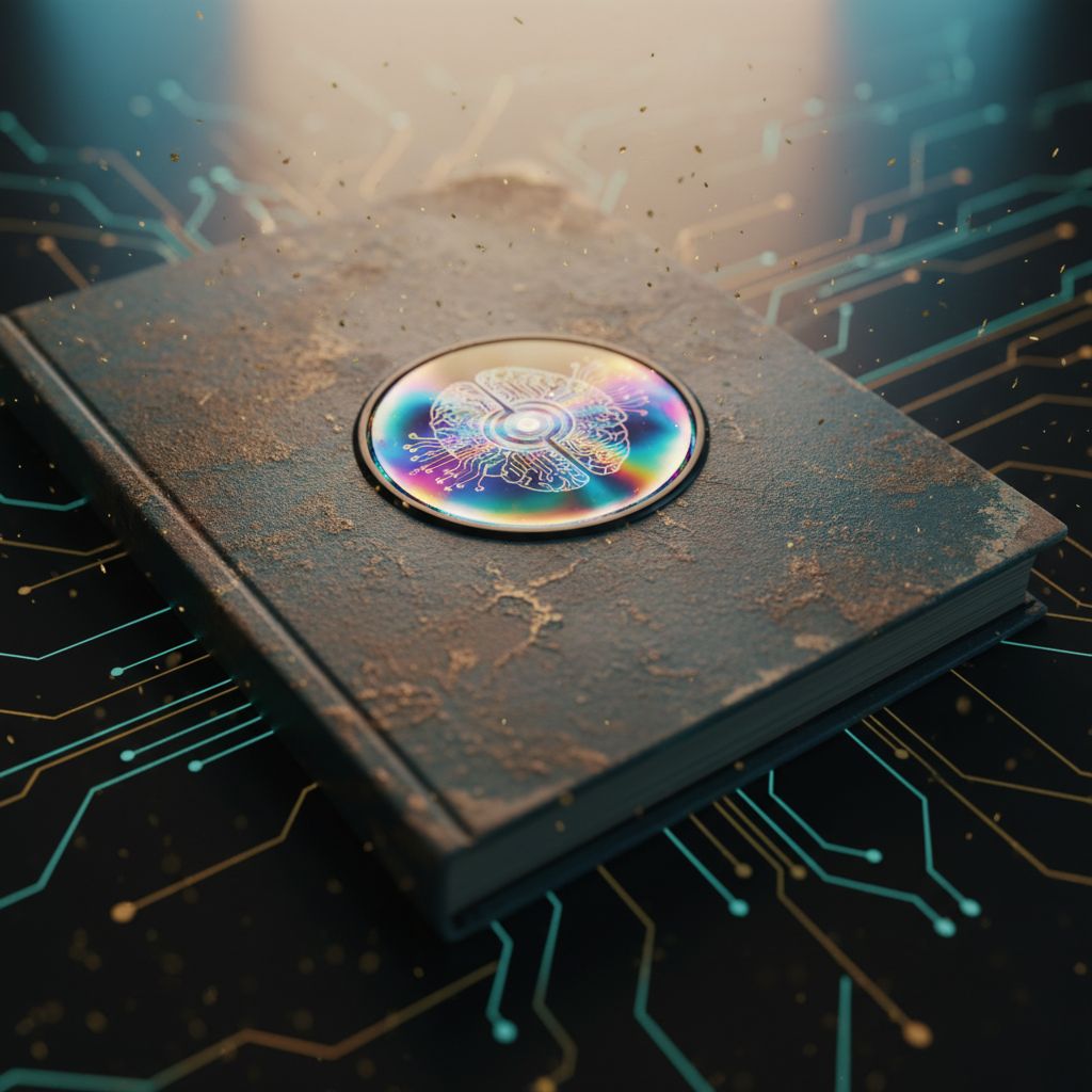 A split-screen showing a science fiction film scene on one side and real AI lab footage on the other