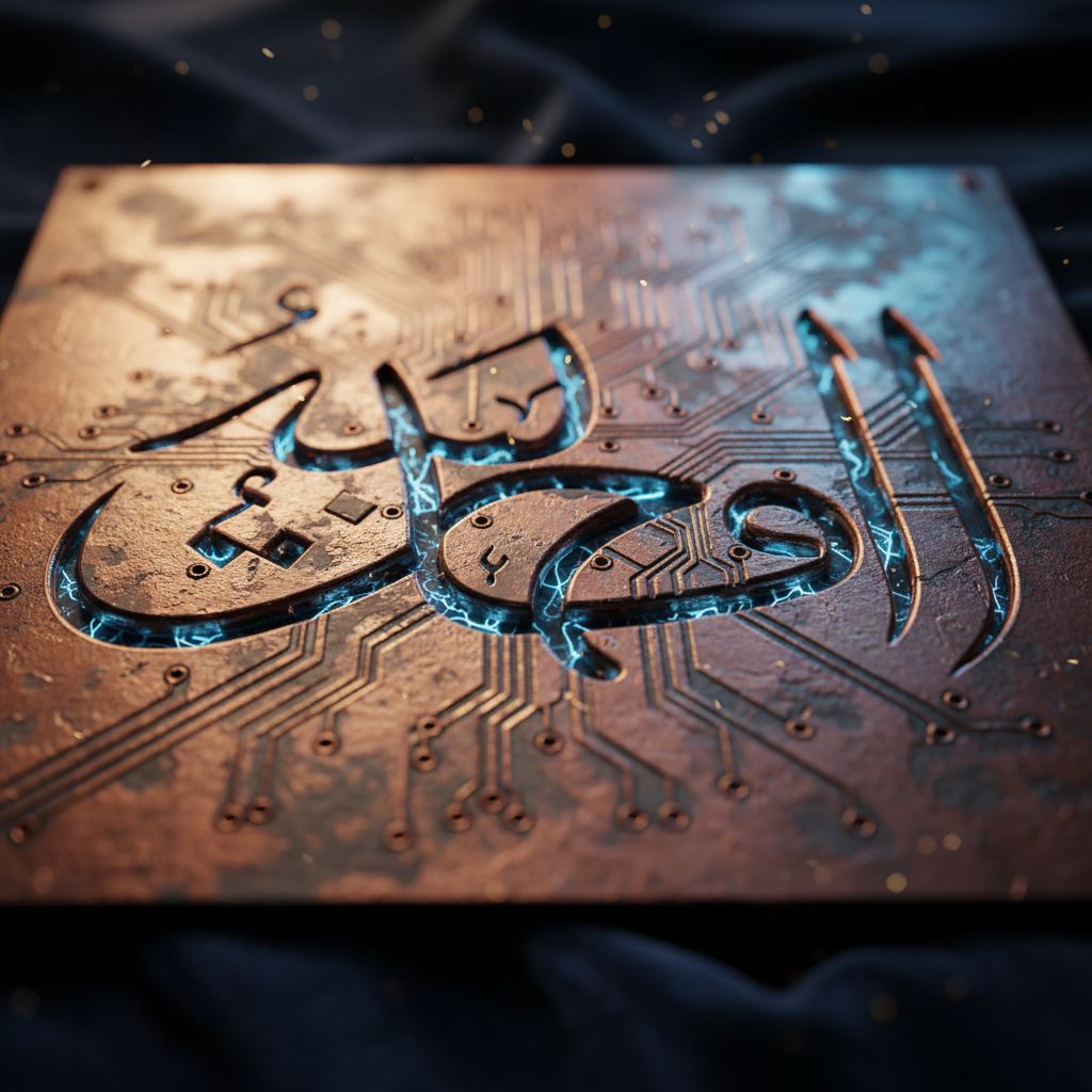 Holographic Arabic text floating above an open-source code terminal with neural network visualisation