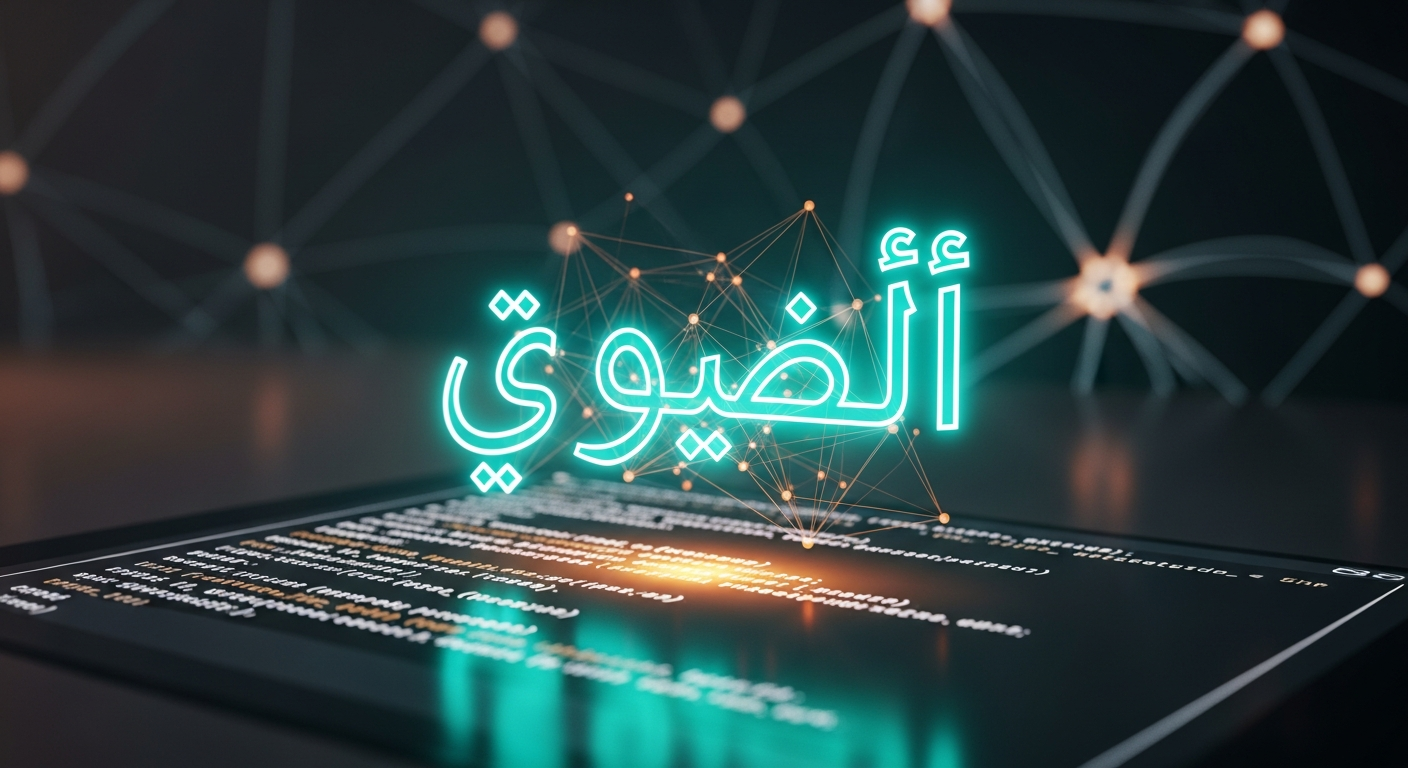 Holographic Arabic text floating above an open-source code terminal with neural network visualisation