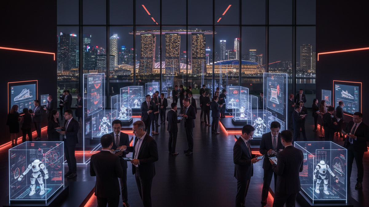 Futuristic AI technology expo hall in Singapore with holographic displays and networking crowds
