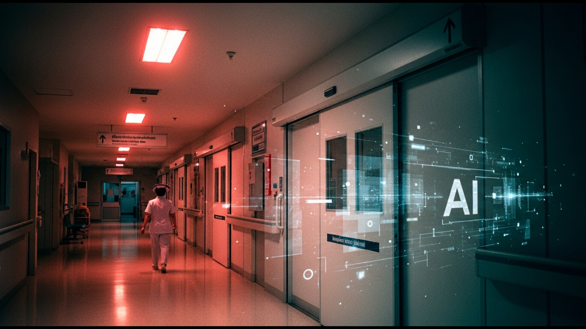 Thai provincial hospital imaging room with AI data overlays on a chest X-ray