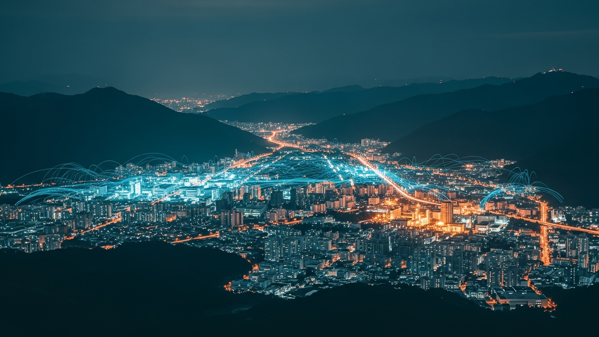 TSMC fab skyline in Hsinchu at dusk with data streams representing AI compute demand