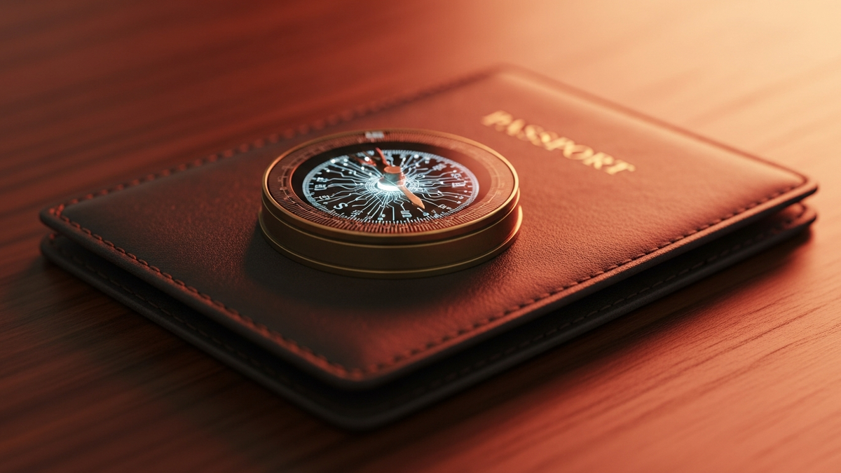 Compass on leather passport holder representing cross-border movement