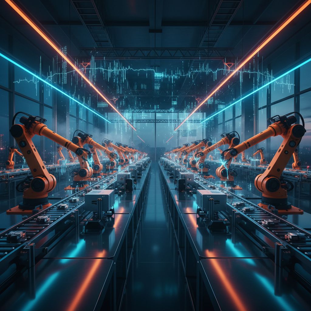 Aerial view of a Chinese smart factory floor with AI-powered robotics and quality inspection systems