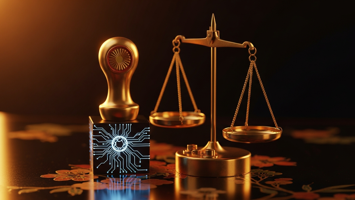 Japanese hanko and Korean brass scale symbolising two regulatory approaches