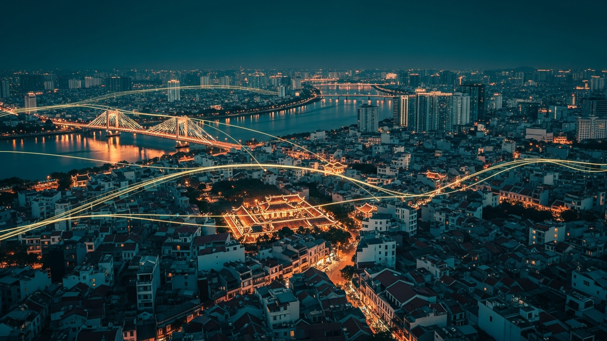 Hanoi skyline at dusk with regulatory and AI data streams flowing above the city