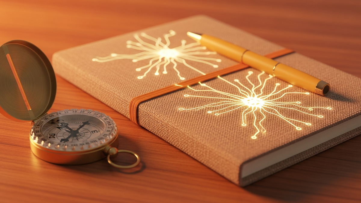 Indian notebook with brass compass representing Indian engineering talent