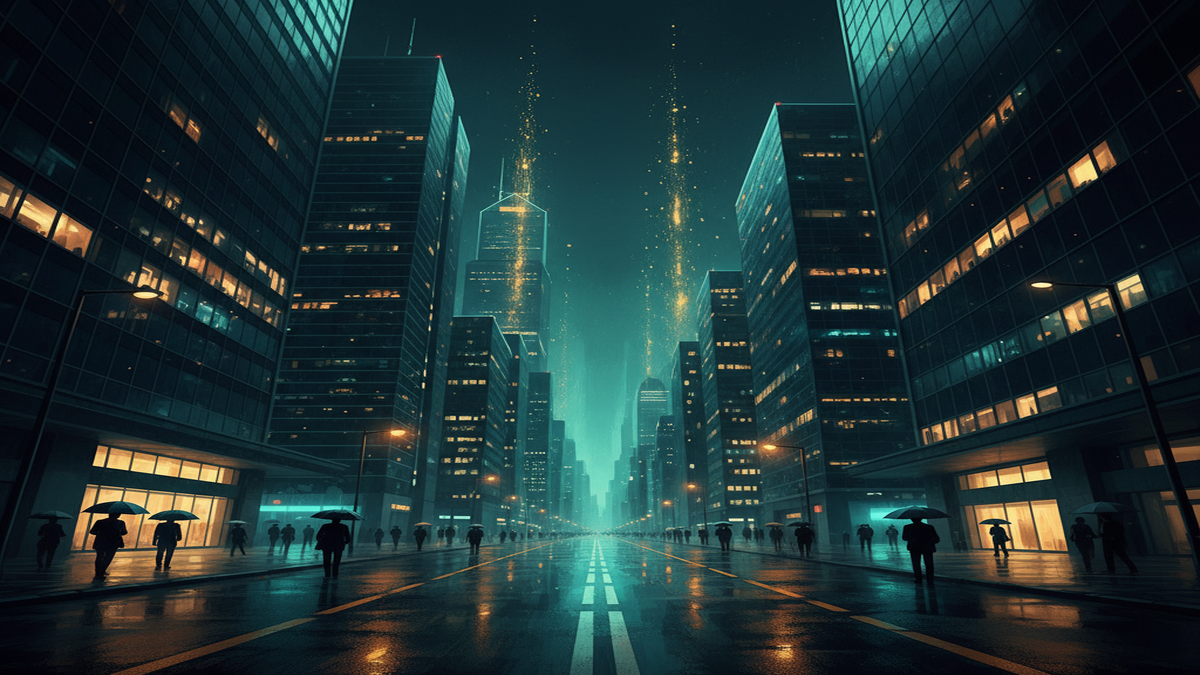 Editorial illustration of an Asian financial district at night with amber-lit glass skyscrapers and golden data particles