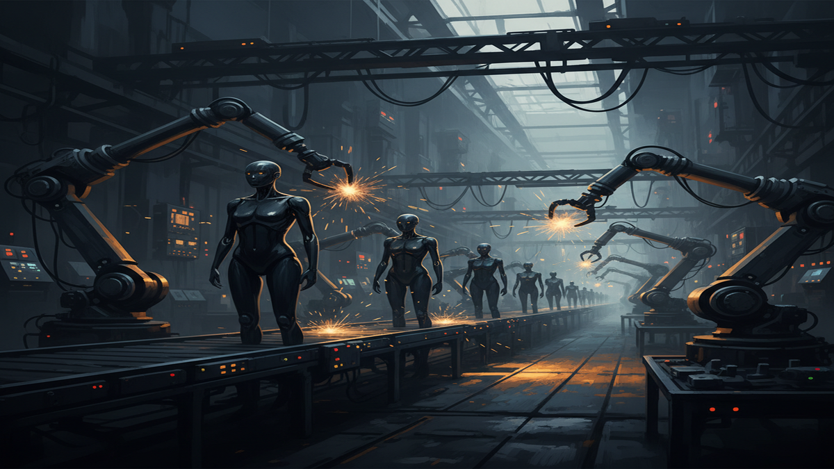 Inside a dark advanced robotics assembly hall with humanoid robots on a production line illuminated by amber spotlights