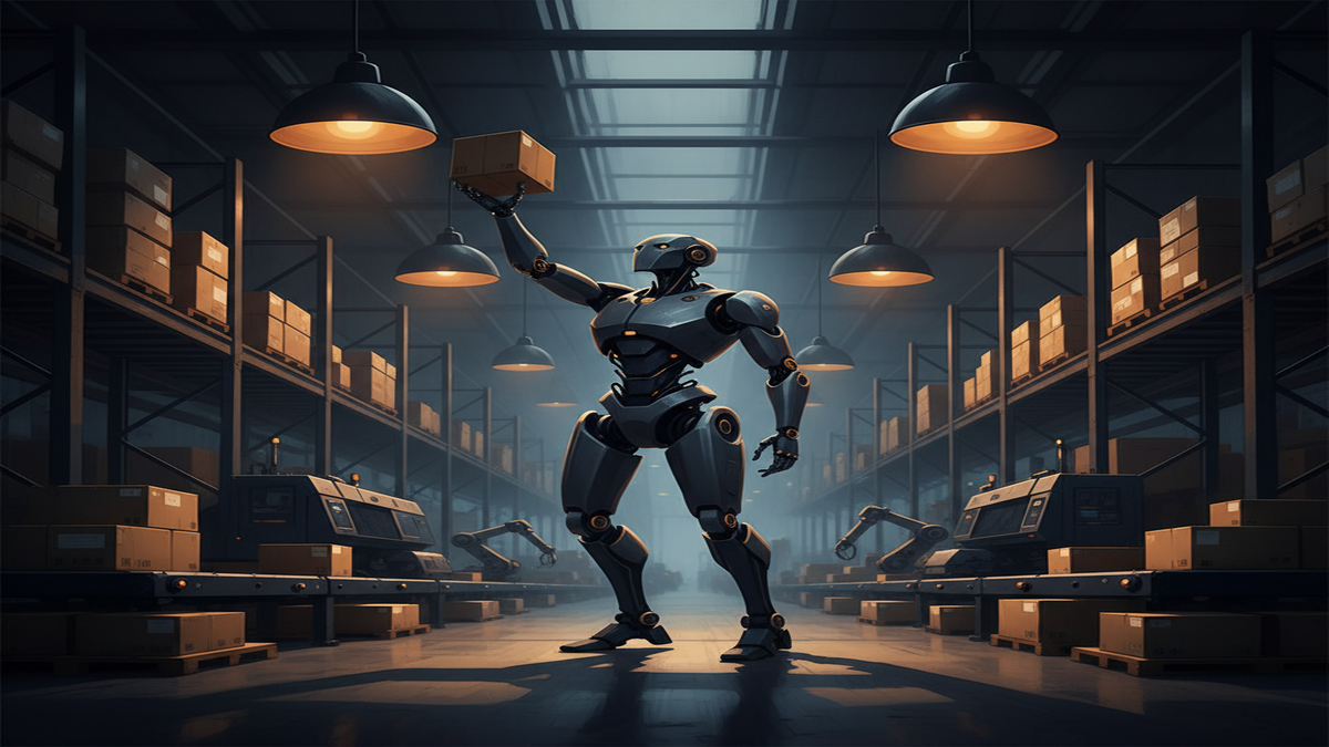 A humanoid robot sorting packages in a vast dark warehouse under warm amber industrial lighting
