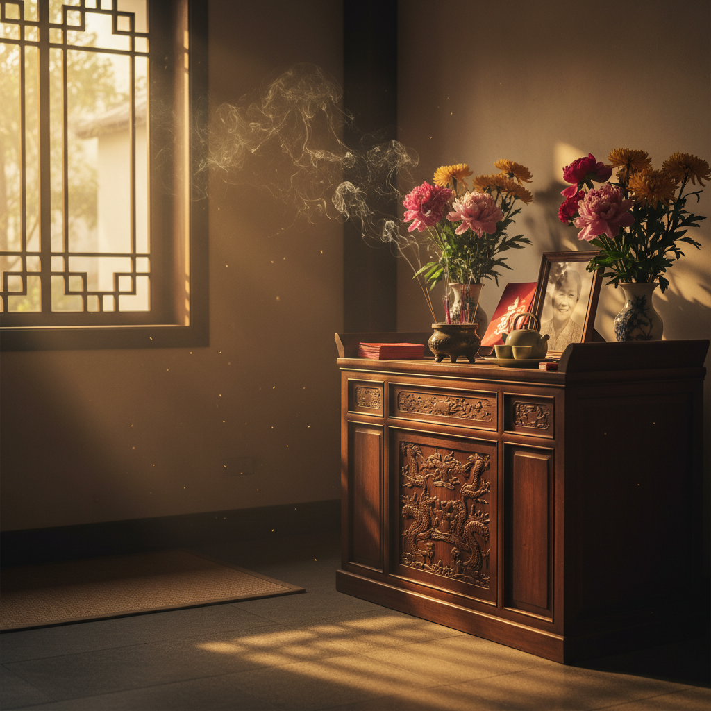 Elderly Chinese family members gathered around a softly lit ancestral shrine with incense smoke curling upward, warm golden light filtering through a traditional doorway