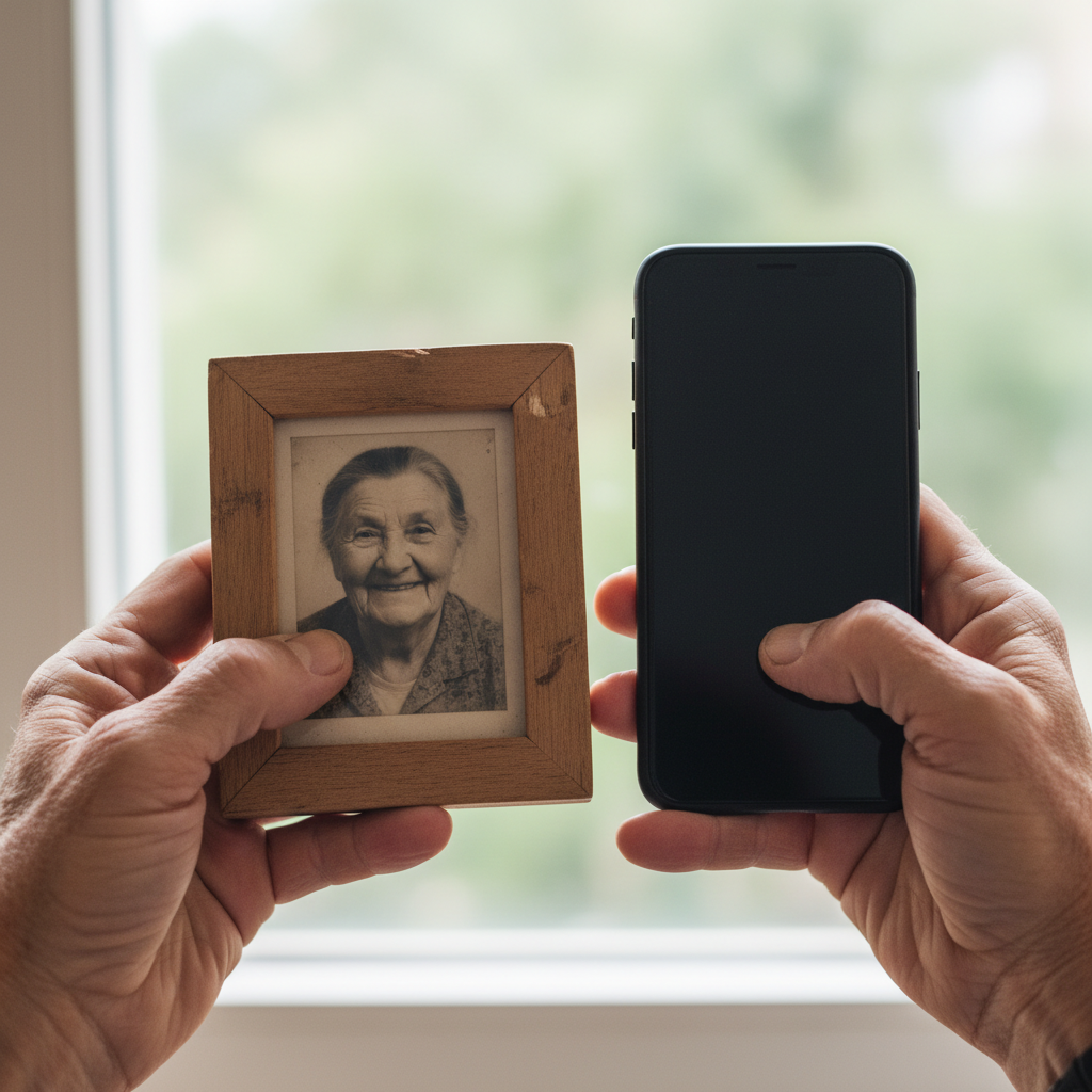 Weathered hands holding a framed photograph alongside a smartphone, symbolising the intersection of memory and AI technology in China