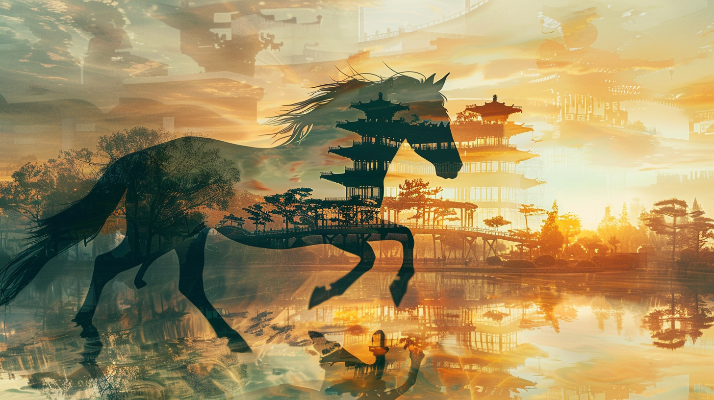 A_horse_in_elegant_motion_across_a_traditional_Asia_landscape A_horse_in_elegant_motion_across_a_traditional_Asia_landscape