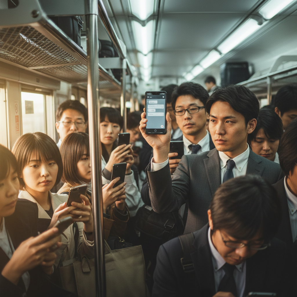 Commuter using AI app on Tokyo train