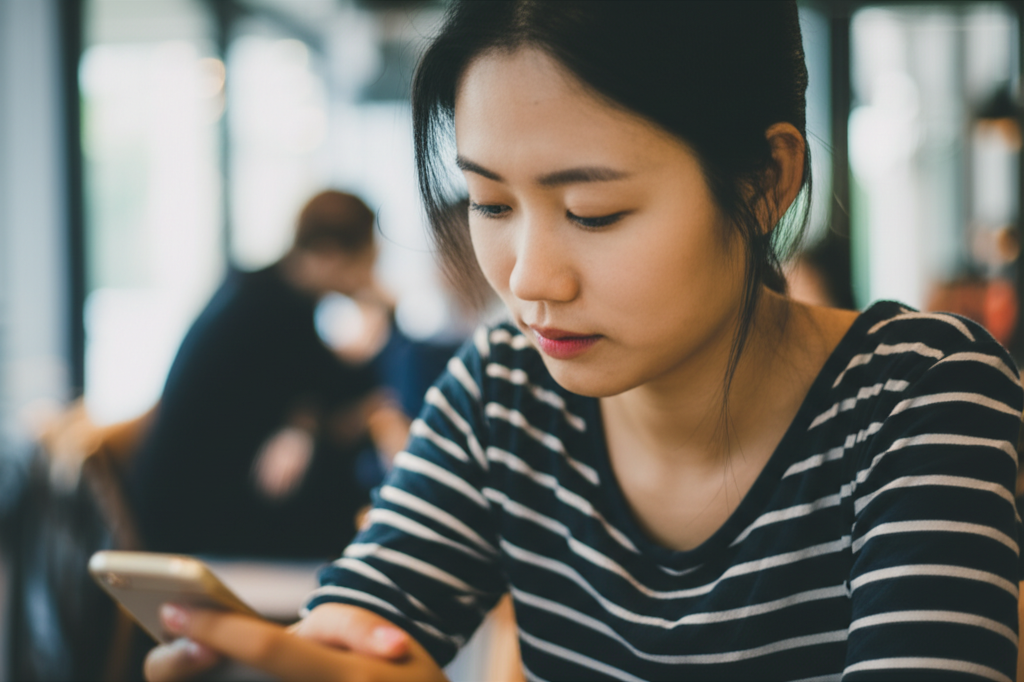 Young person in an Asian cafe engaging with AI companion on their phone