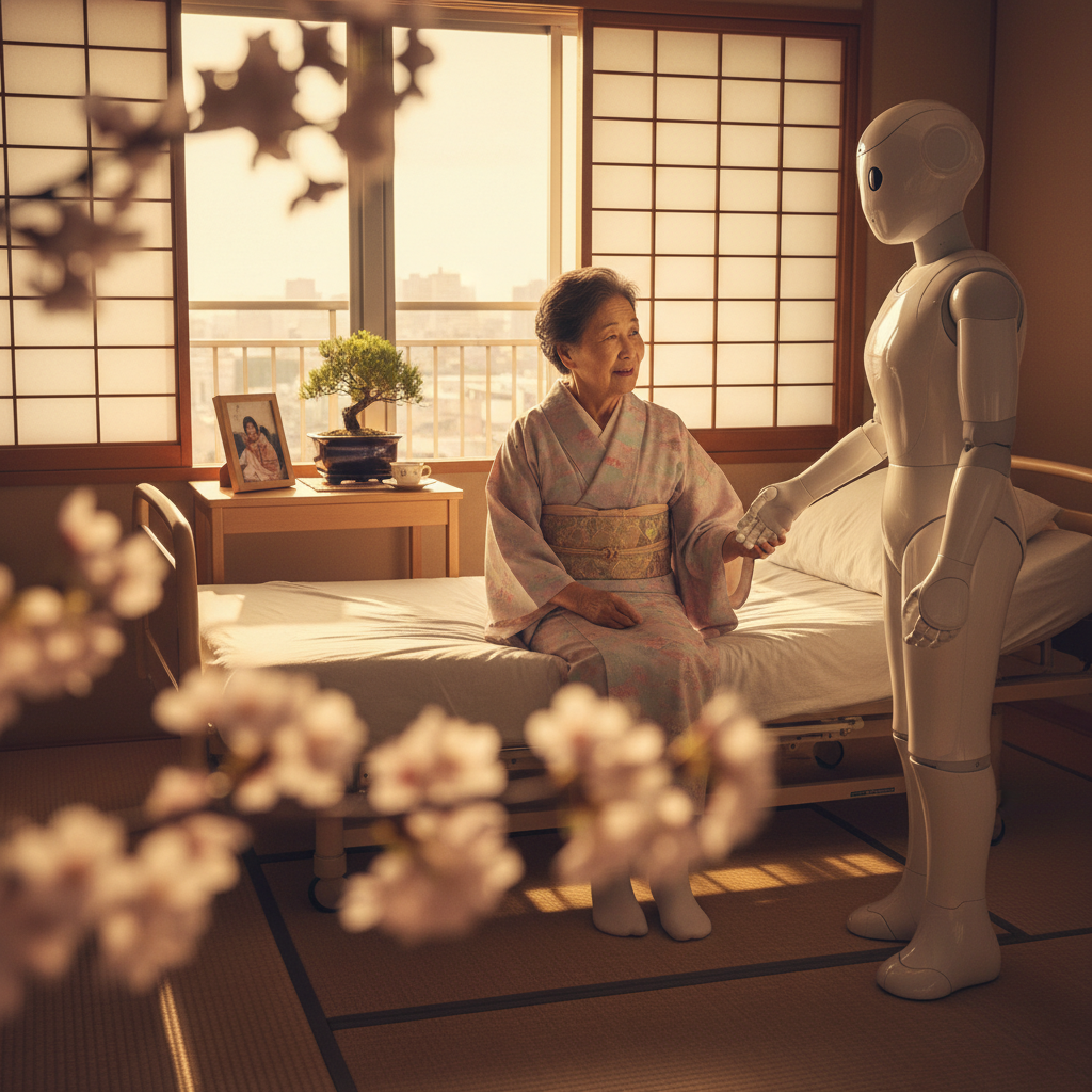 AI eldercare robot assisting elderly woman in Tokyo