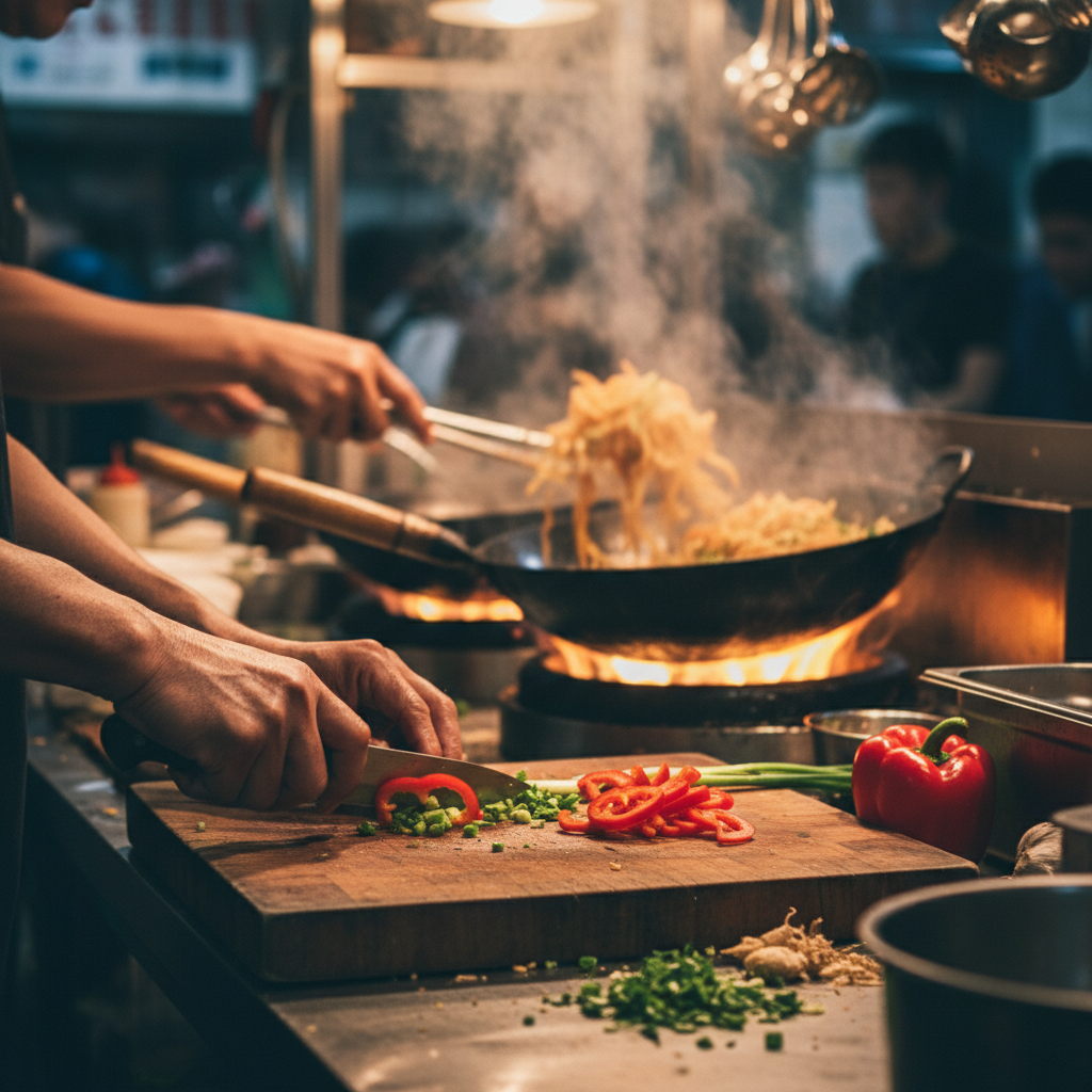 Food preparation at Asian market stall