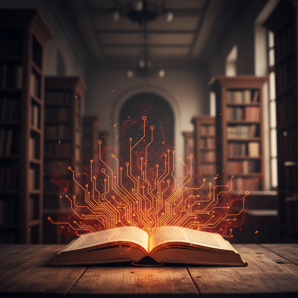 Digital circuits glowing from an open book