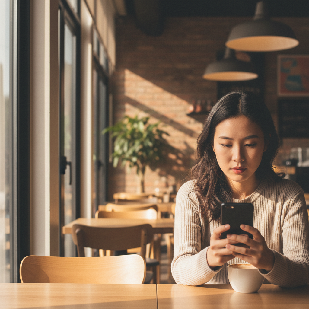 Young person learning language on phone in Asia