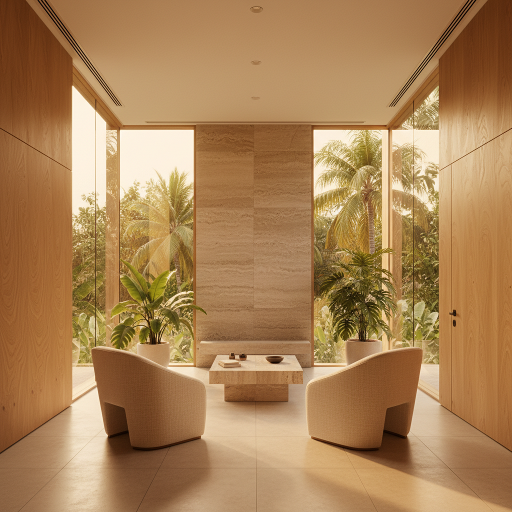 Sunlit wellness space with natural materials in Asia