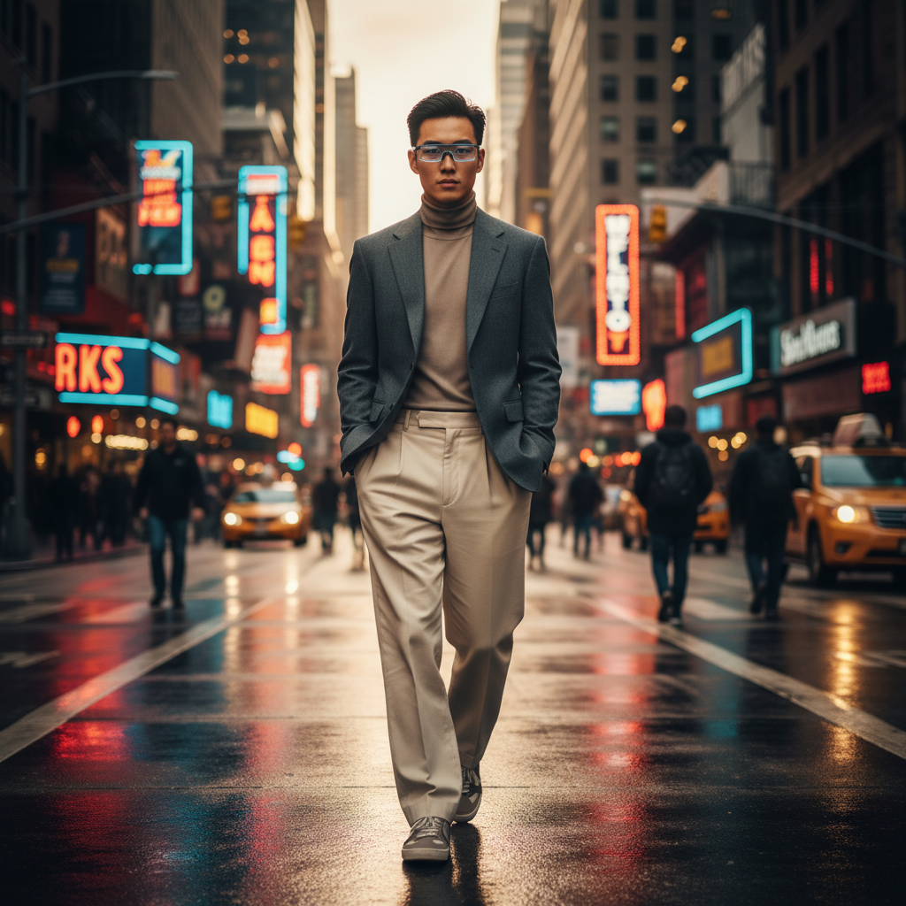 Person wearing smart glasses in an Asian city