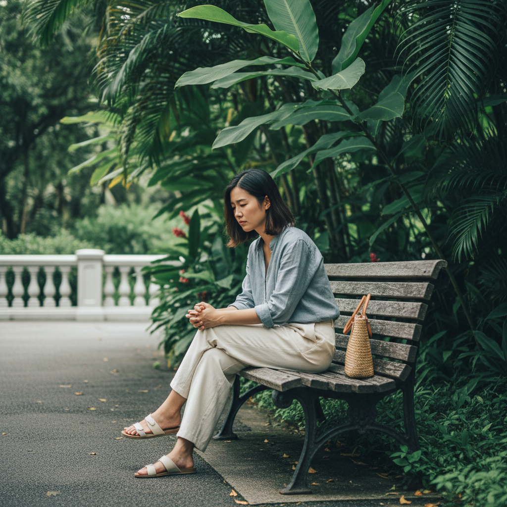 A young woman sits alone in a quiet park in Singapore, reflecting the solitude many face when mental health support remains out of reach