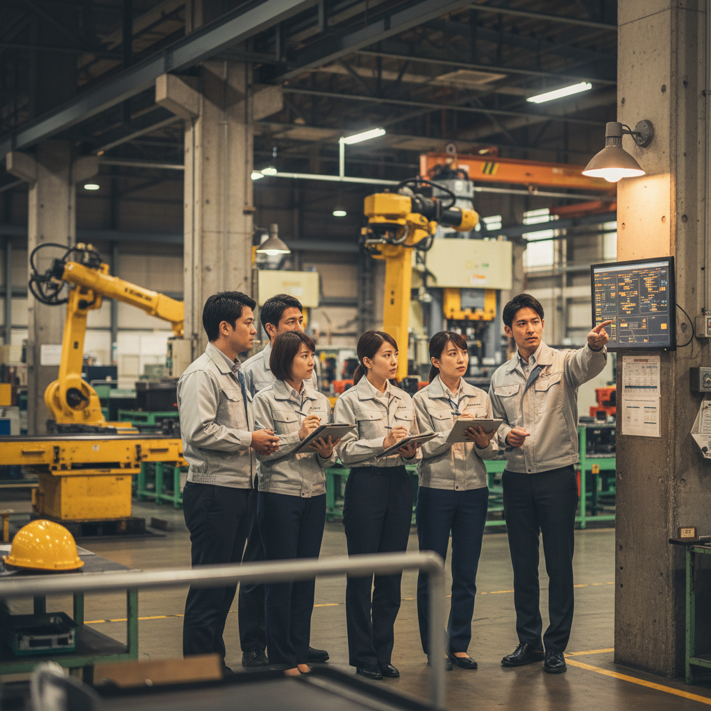 Engineers reviewing AI transformation dashboard on factory floor
