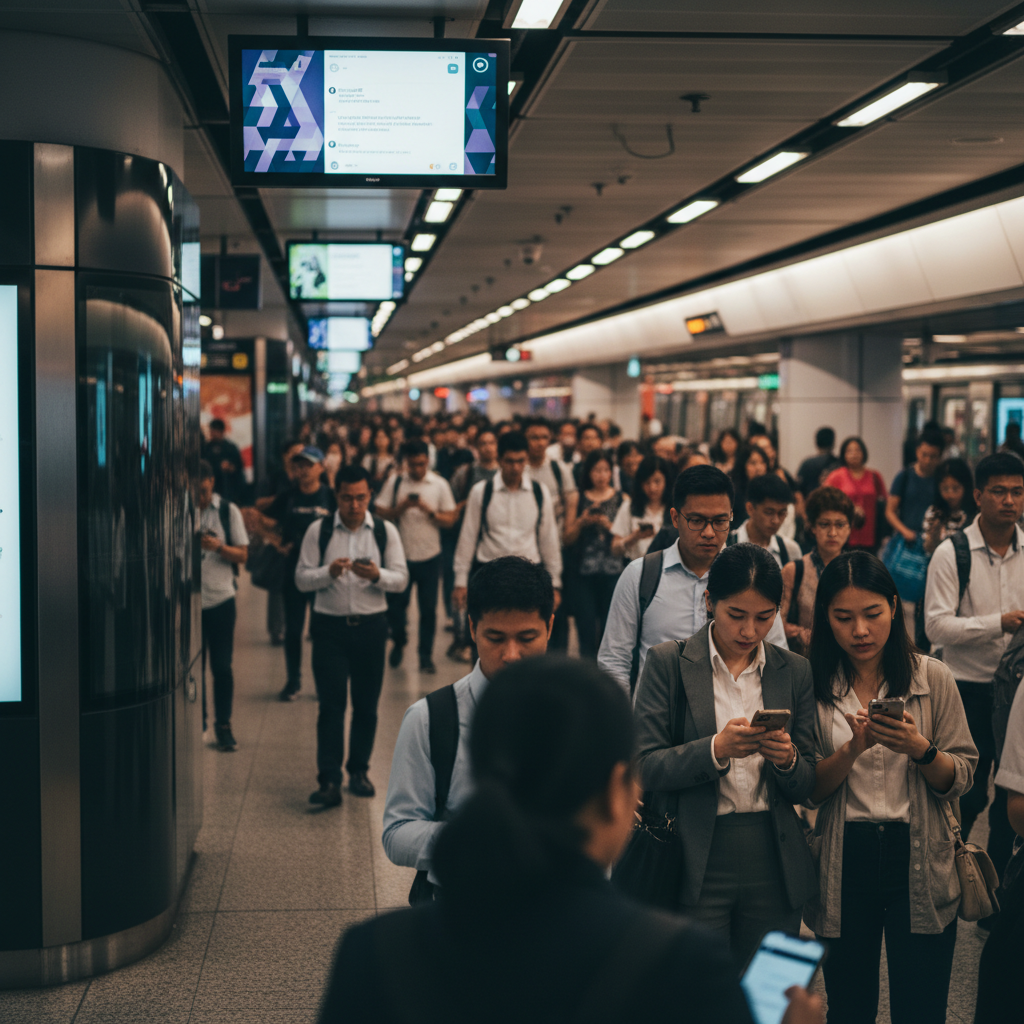 Commuters using AI apps on mobile phones in Asia