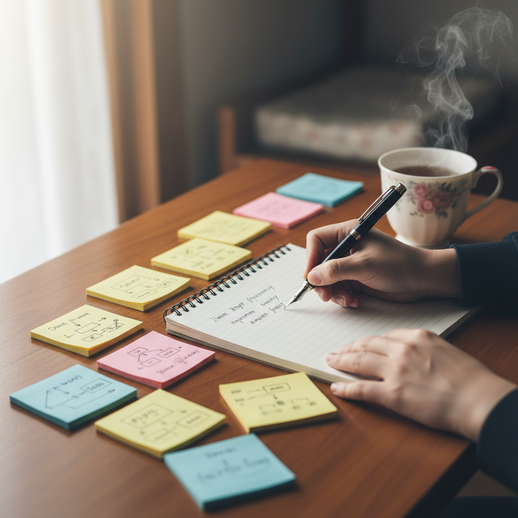 Developer studying AI with notebook and sticky notes