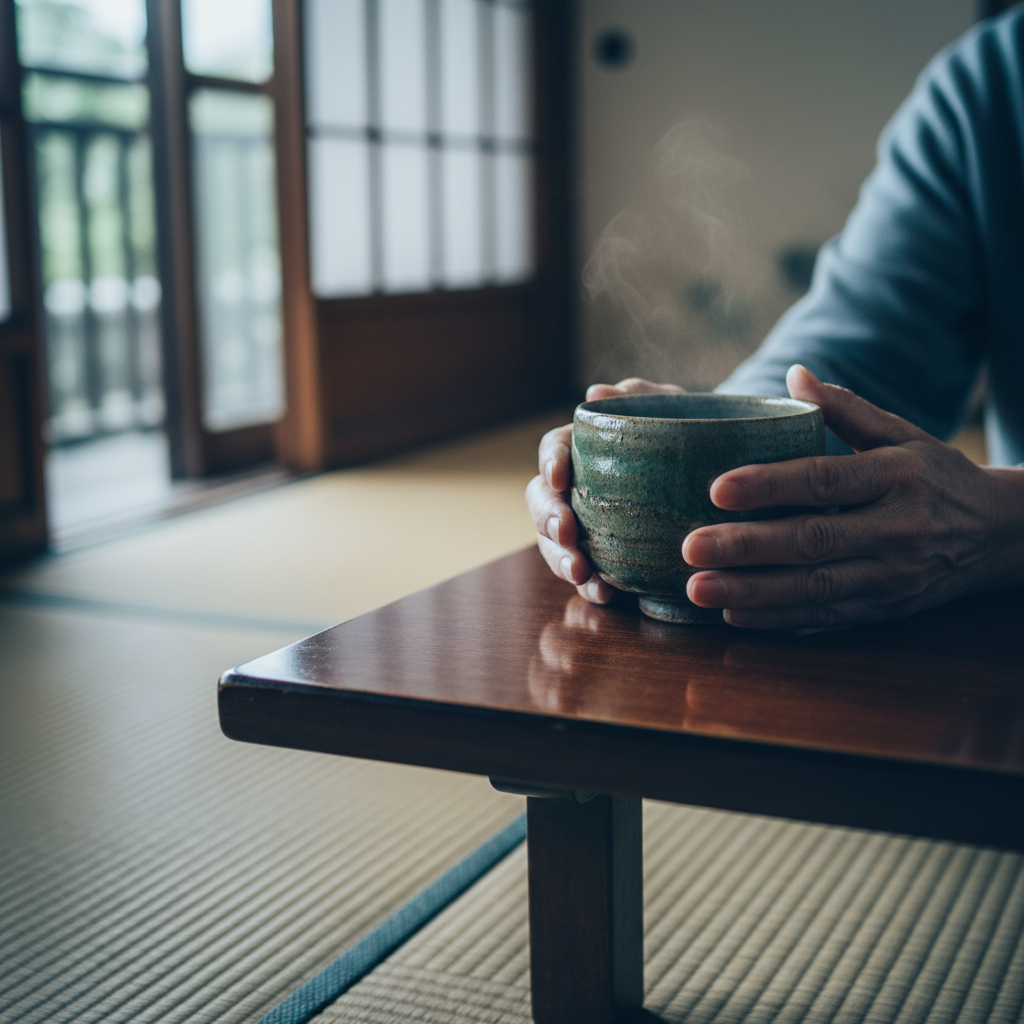 Elderly hands with tea bowl in Japanese home