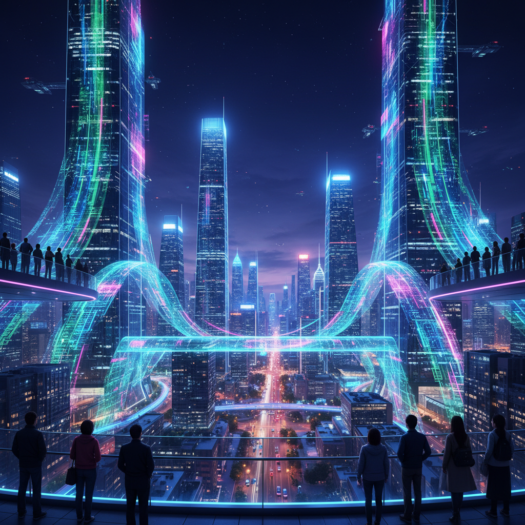 Futuristic Chinese cityscape with AI projections