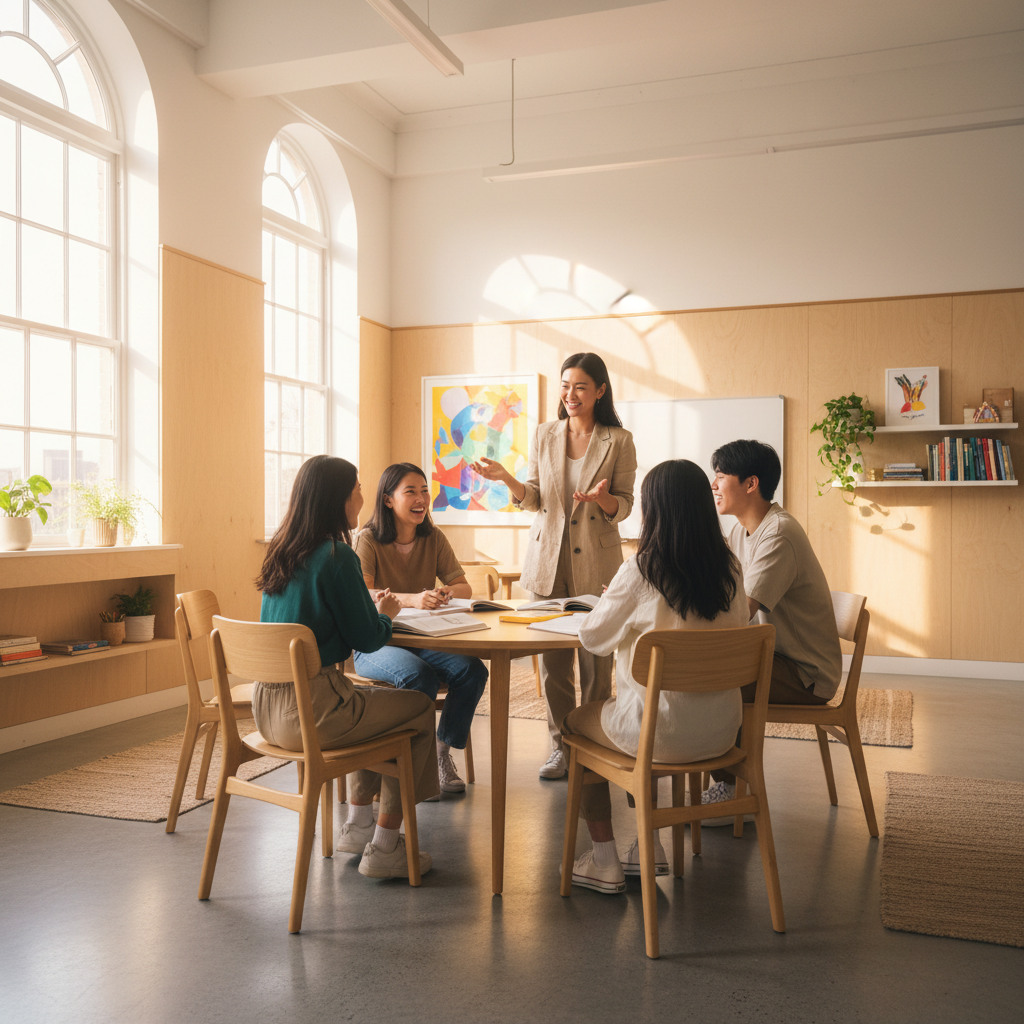 Students in a bright Asian classroom learning together